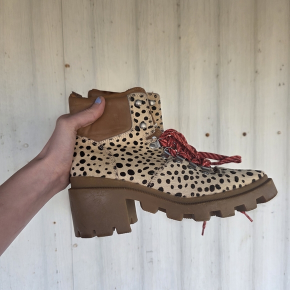 Shoes - Chunky Lug Ankle Boot in Beige Cheetah Print with Red Laces